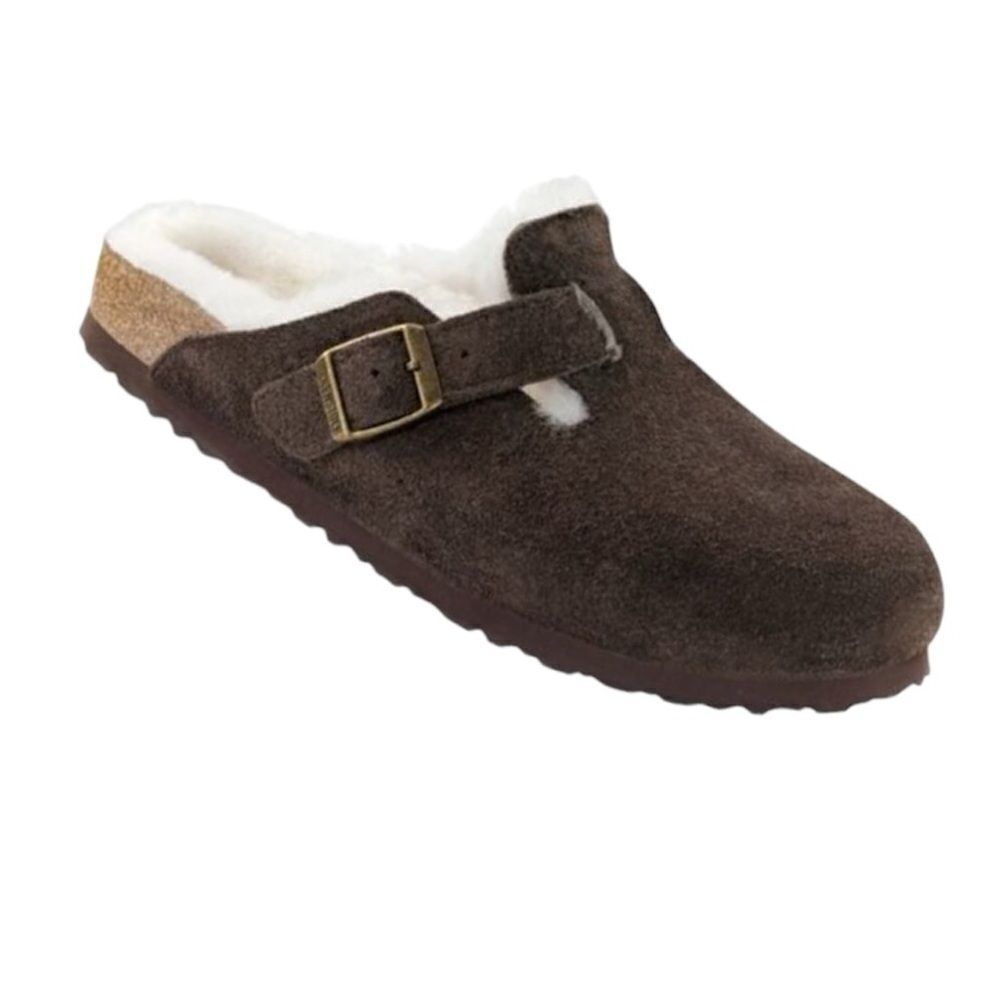 Birkenstock Boston Clog Mocca Sherpa Footbed Suede Lambskin Size 38 Mule Shoe